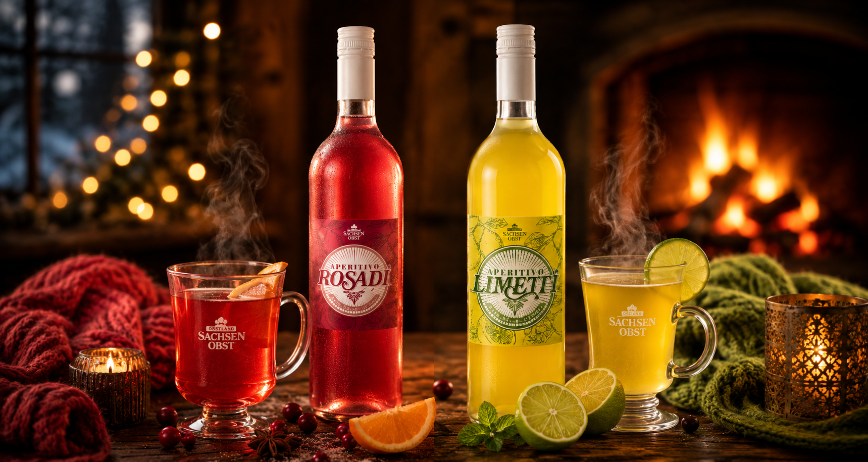 Zwei dampfende Gläser: rosafarbener Rosadi und limettengelber Limetti