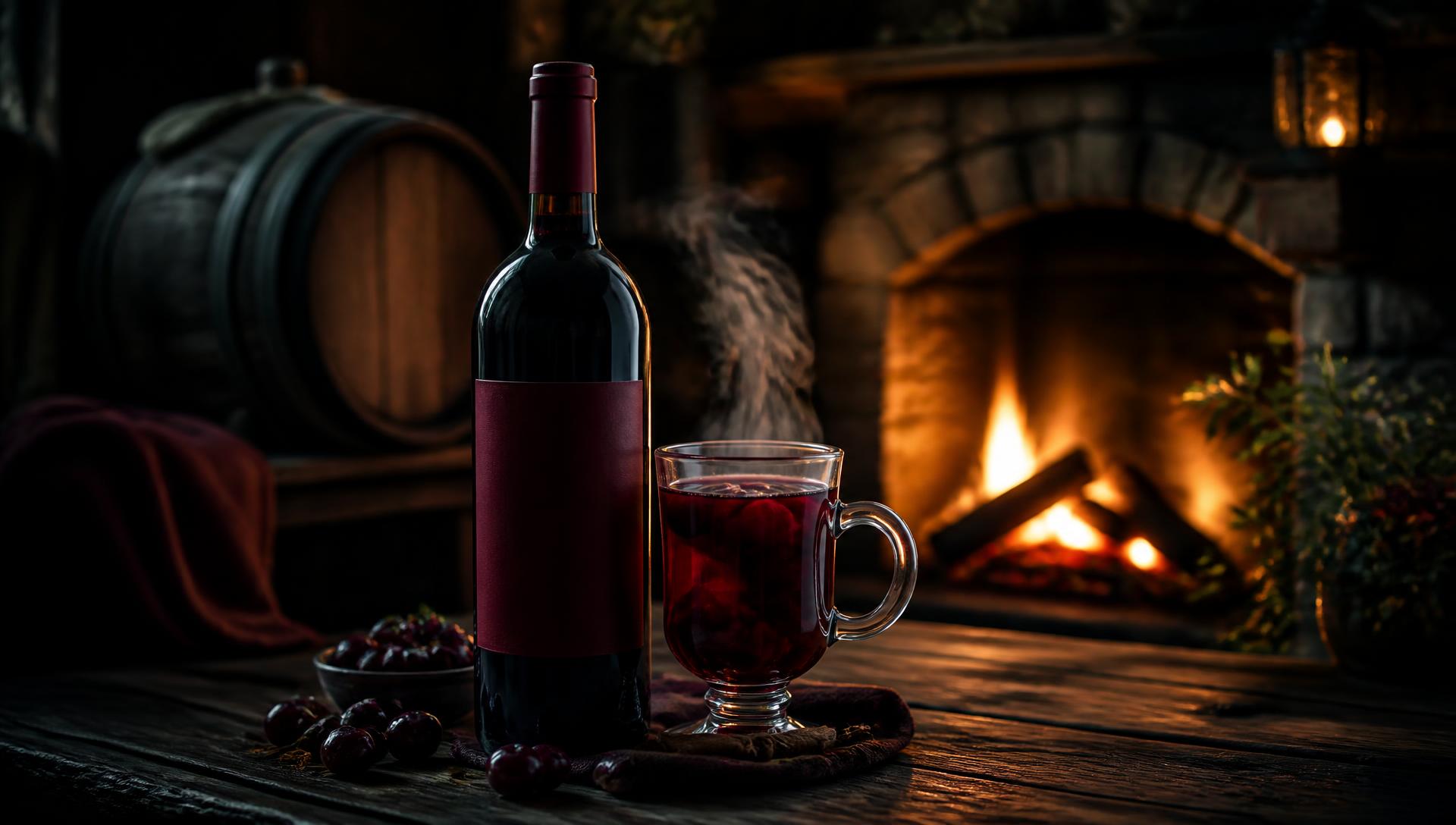 Heißes Hirschblut im Glas vor winterlicher Kulisse