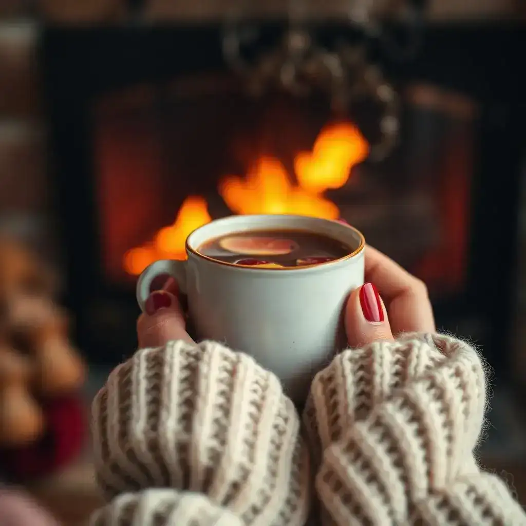 Warme Tasse Wintergetränk am Kamin