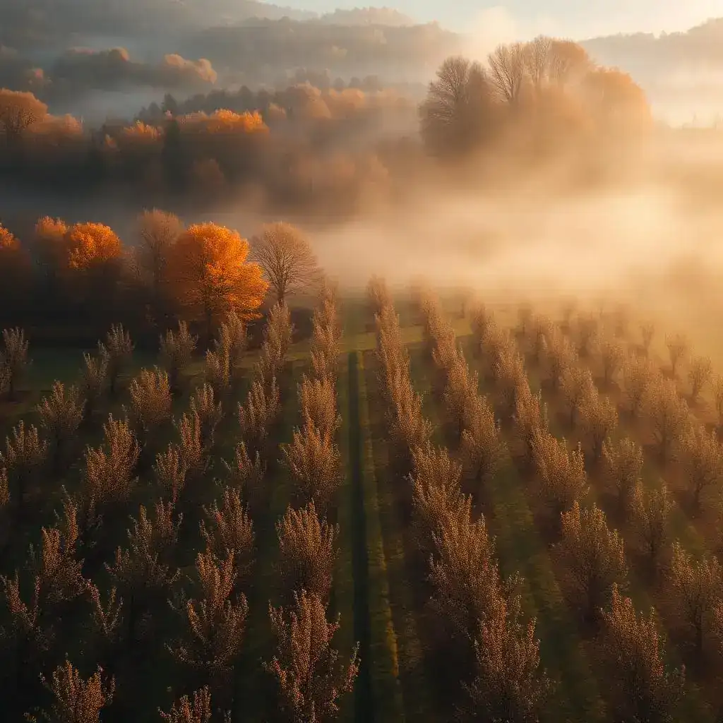 Obstplantage in Sachsen im goldenen Morgenlicht