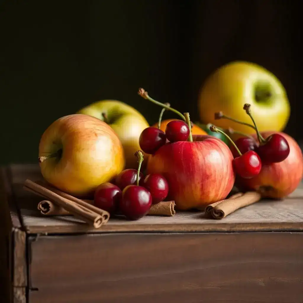 Frische Äpfel, Kirschen und Zimtstangen auf Holz